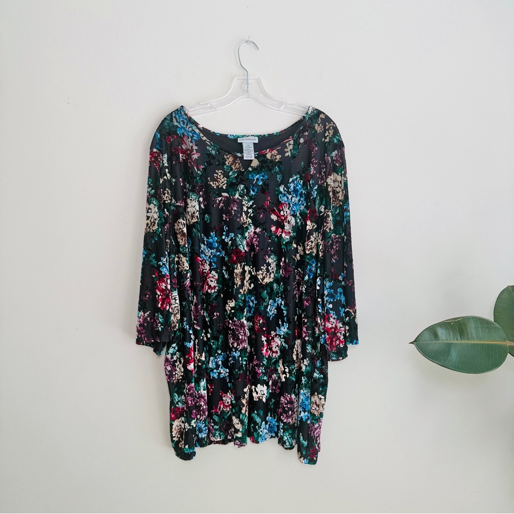 Catherines Black Multi Floral Velvet Burnout 3/4 Sleeve Top Size 3X